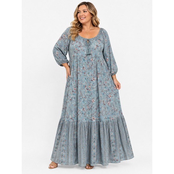torrid Dresses & Skirts - Torrid Maxi Dress 2 Blue Floral Boho Tassel Long Sleeve Tiered Hem